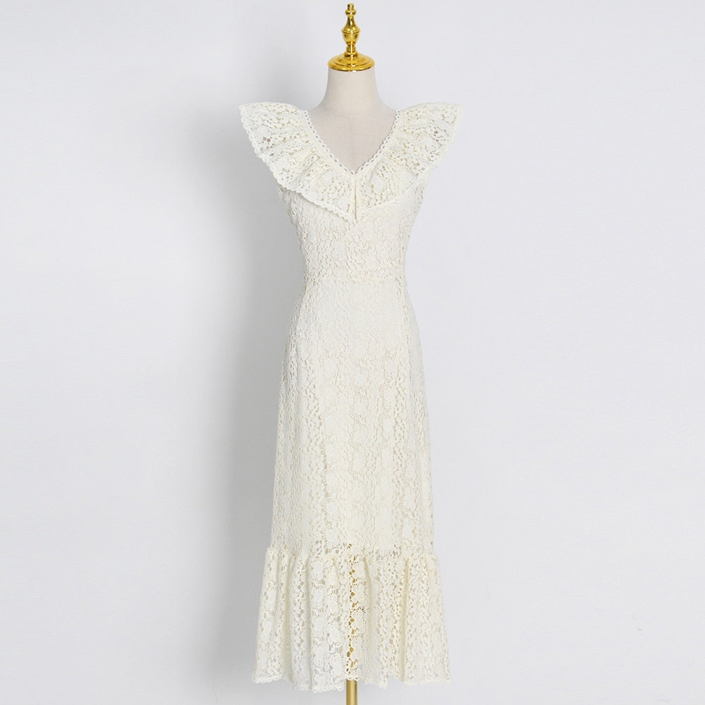 Elegant Dresses For Women V Neck Sleeveless High Waist Folds Hollow Out Pullover Summer Dress Female Fashion