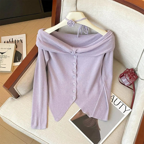 Load image into Gallery viewer, Spring Women&#39;s Purple Blue Off Shoulder Festival Irregular Cardigan Sweater Korean Fashion Beige Single Breasted Short Knit Tops
