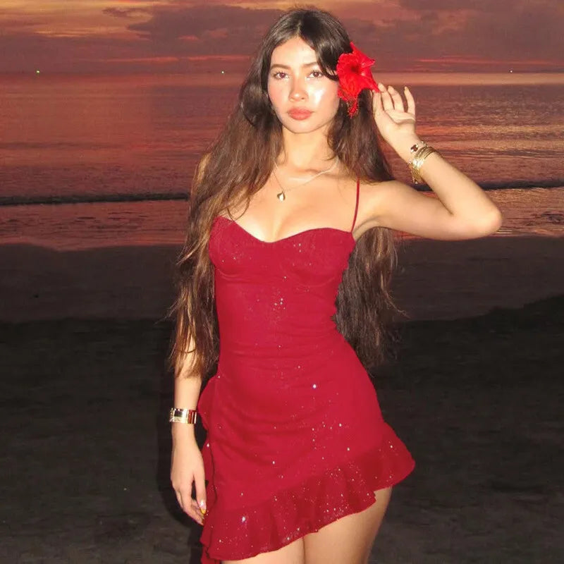 Spaghetti Strap Ruffled Sexy Mini Dress For Women Red Fashion Sleeveless Backless High Waist A-line Club Party Dress