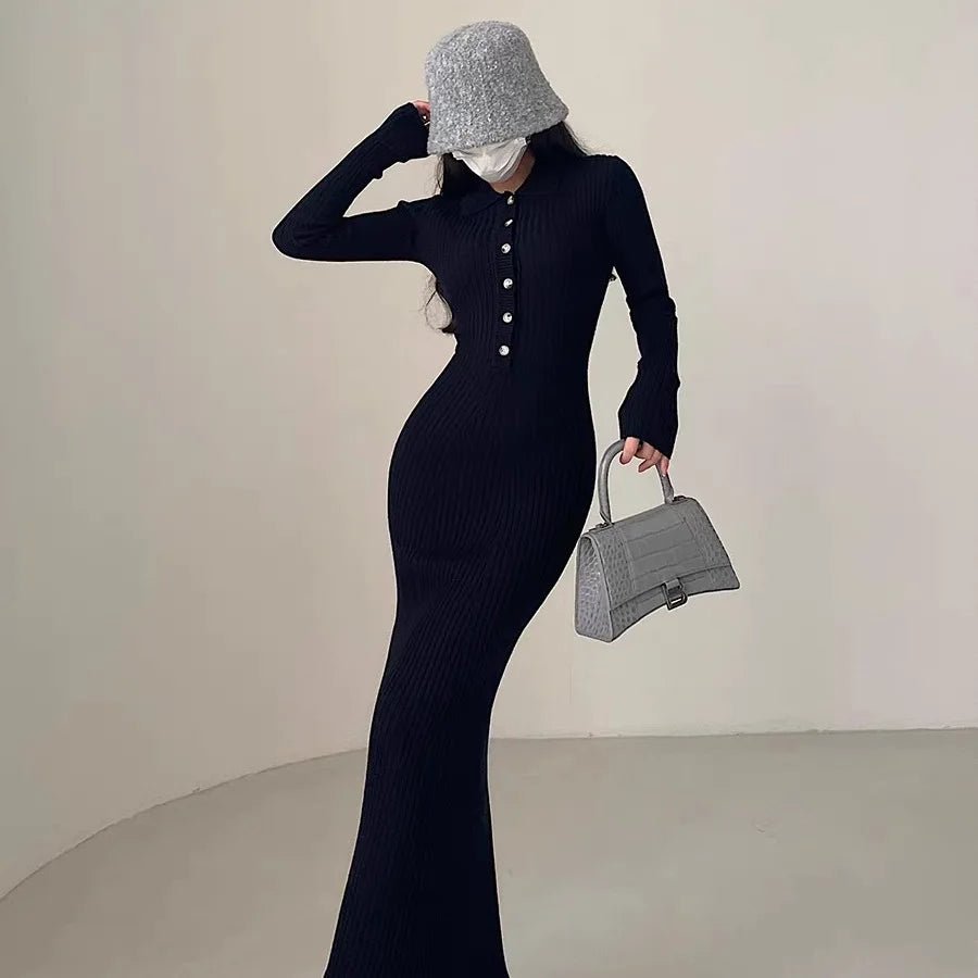 Elegant Party Dresses For Women 2023 Dress Autumn Winter Stretchy Long Sleeved Slim Vintage Basic Knit Dress Y2k