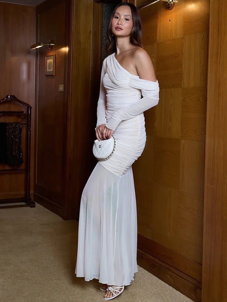 Oblique Shoulder Long Sleeve Maxi Dress Women 2025 Fashion Patchwork Ruched Backless Slim Bodycon Long Dresses Elegant