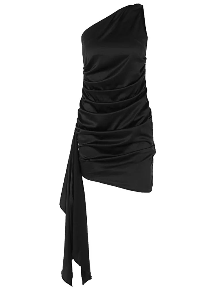 Elegant Sleeveless Satin 2024 Summer Dress Women New One Shoulder Slim Sexy Ribbon Wrapped Hip Party Club Evening Dress