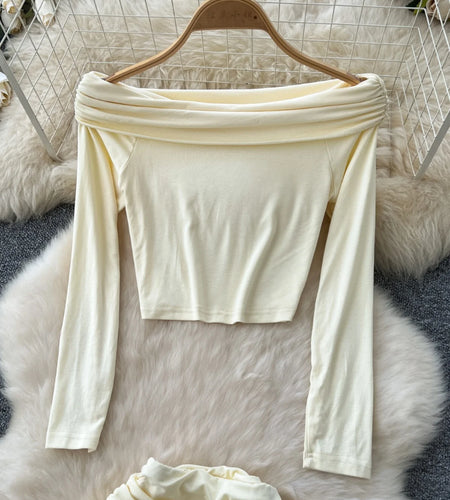 Spring Autumn Women's Beige Elegant Long Sleeved Off Shoulder Top And High Waist Pleated Long Skirt French Fashion Two-piece Set