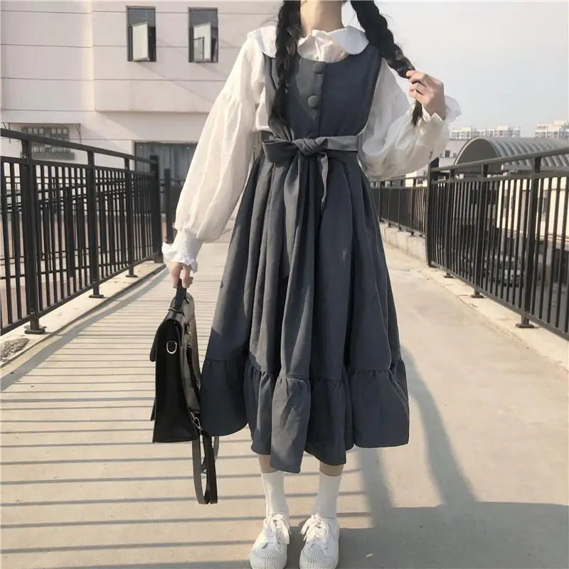 Kawaii Lolita Style Dress Ruffle Japanese Harajuku Cute Oversize Sashes Midi Dress Summer Sundress Sleeveless