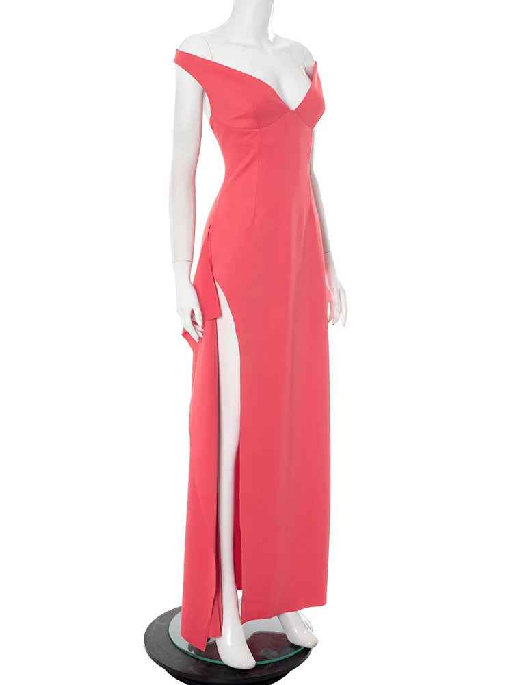 Off-shoulder Backless Split Sexy Maxi Dress Women Gown Pink Summer New Zipper Strapless Evening Club Party Long Dress
