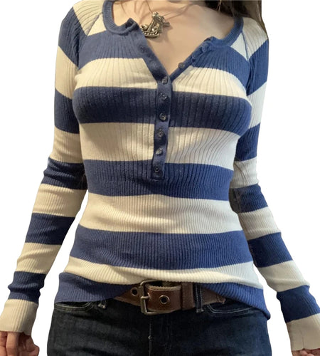 y2k Fairycore Top Vintage Aesthetic Women Striped Button Round Neck Long Sleeve Knitted Tshirt 2000s Clothes Streetwear