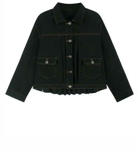 Black Denim Back Pleated Big Size Short Jacket New Lapel Long Sleeve Women Coat Fashion Tide Spring Autumn 2025 1DH7895
