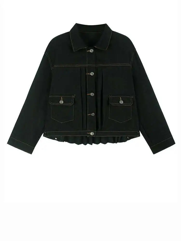 Black Denim Back Pleated Big Size Short Jacket New Lapel Long Sleeve Women Coat Fashion Tide Spring Autumn 2025 1DH7895