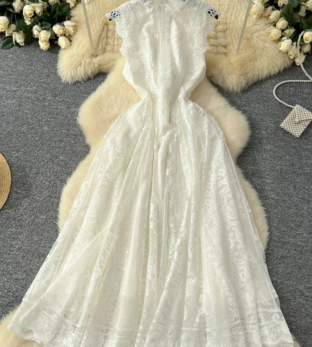 French Retro Romantic Women's Black Lace Elegant Sleeveless Long Dress Summer White Sexy Slim Ruffles Evening Party Fairy Dress