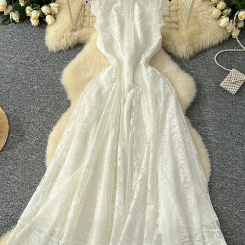 Load image into Gallery viewer, French Retro Romantic Women's Black Lace Elegant Sleeveless Long Dress Summer White Sexy Slim Ruffles Evening Party Fairy Dress
