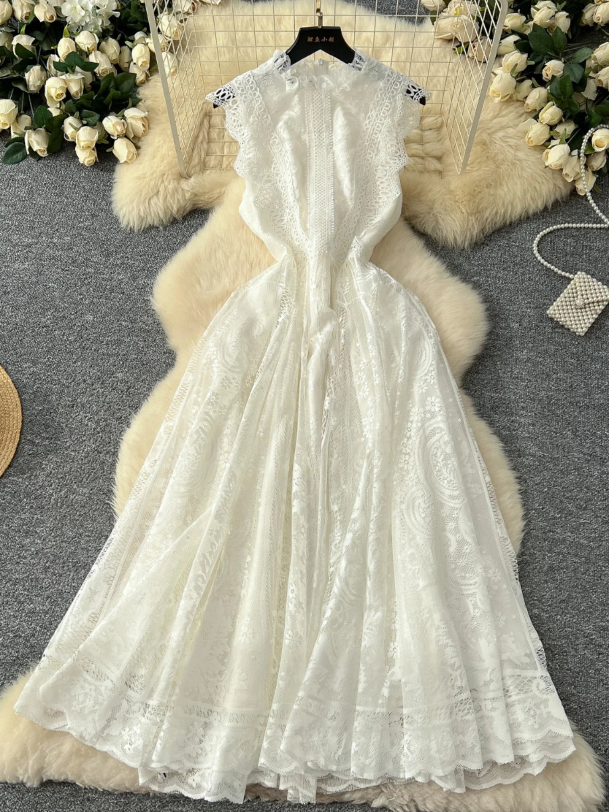 French Retro Romantic Women's Black Lace Elegant Sleeveless Long Dress Summer White Sexy Slim Ruffles Evening Party Fairy Dress