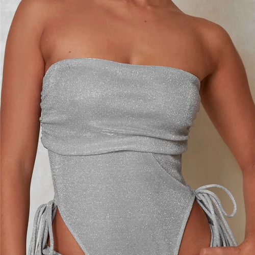 Load image into Gallery viewer, Glitter Sexy Dress Set Women Strapless Bodysuit And Mini Skirt Matching Sets Ladies Party Drawstring Two Piece Sets
