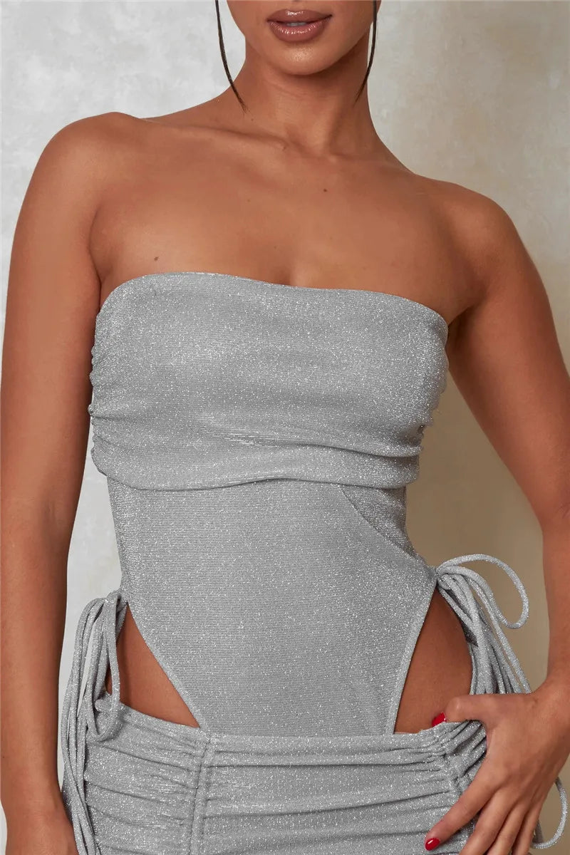 Glitter Sexy Dress Set Women Strapless Bodysuit And Mini Skirt Matching Sets Ladies Party Drawstring Two Piece Sets