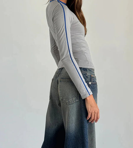 Fall Crop Tops y2k Women Aesthetic Clothing Contrast Trim Round Neck Long Sleeve T Shirts Fashion Tees Streetwear