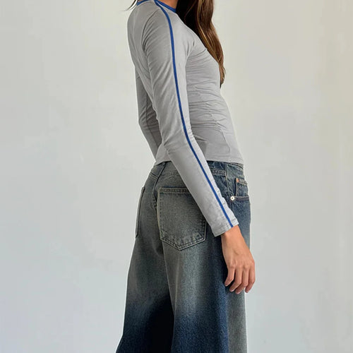 Load image into Gallery viewer, Fall Crop Tops y2k Women Aesthetic Clothing Contrast Trim Round Neck Long Sleeve T Shirts Fashion Tees Streetwear
