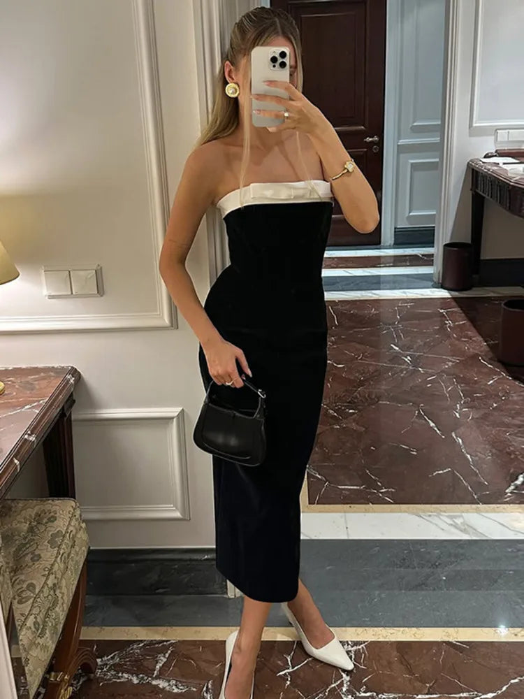 Off-shoulder Strapless Backless Sexy Maxi Dress For Women Patchwork Sleeveless High Waist Bodycon Split Long Dress