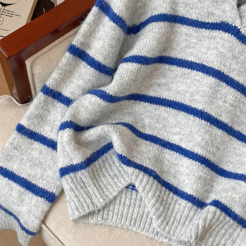 Load image into Gallery viewer, Autumn Winter Grey Blue Striped Patchwork Long Sleeves Sweater Korean Fashion Women's Short Knitted Tops Casual Versatile Trendy
