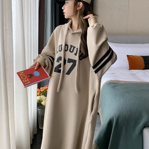 Load image into Gallery viewer, Korean Stule Letter Hooded Dress Sport Loose Oversize School Student Autumn Long Sleeve Midi Dresses 2023 Atuumn
