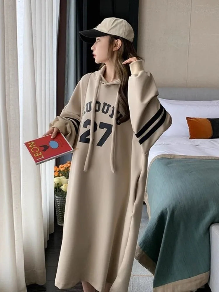 Korean Stule Letter Hooded Dress Sport Loose Oversize School Student Autumn Long Sleeve Midi Dresses 2023 Atuumn