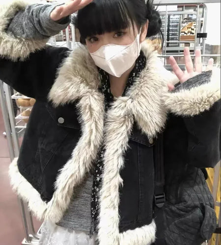 Y2k Aesthetics Black Denim Jacket Grunge Fairycore Jeans Fur Jacket 2000s Harajuku Winter Coat Patchwork Vintage Korean Coats