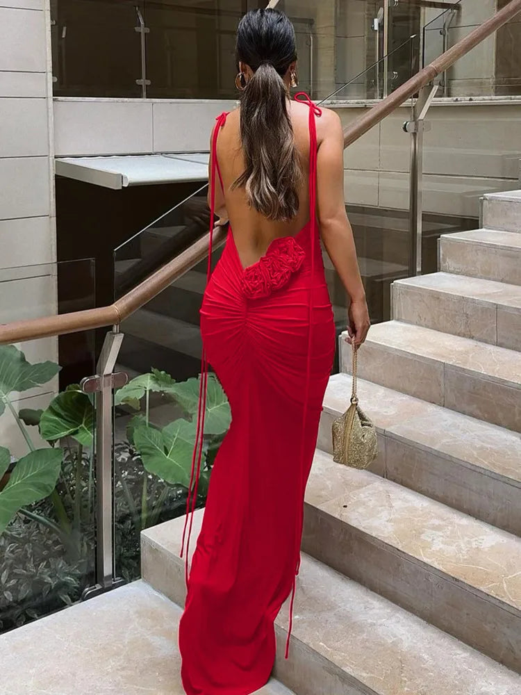 Floral Backless Sexy Maxi Dress Women Fashion Spaghetti Strap Sleeveless Bodycon Club Party Sexy Long Fishtail  Dress