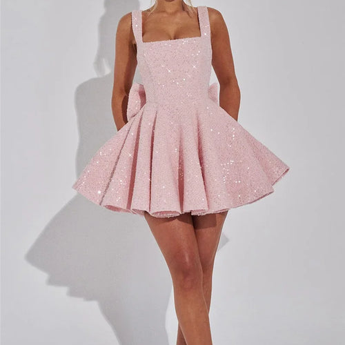 Load image into Gallery viewer, Sequins Bow Backless Sexy Mini Dress For Women Robe Fashion Square Collar Sleeveless High Waist A-line Club Dress
