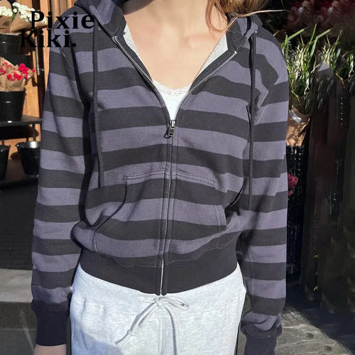 Load image into Gallery viewer, Striped Zipper Hoodie Women Clothing 2024 Fall Winter Y2k Vintage Sweatshirts Casual Jackets P84-DC31
