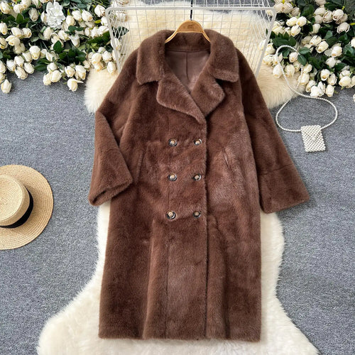 Load image into Gallery viewer, Korean Fashion 2024 Winter Solid Elegant Double-breasted Warm Imitation Mink Fur Coat Women Office Lady Thick Loose Long Jacket
