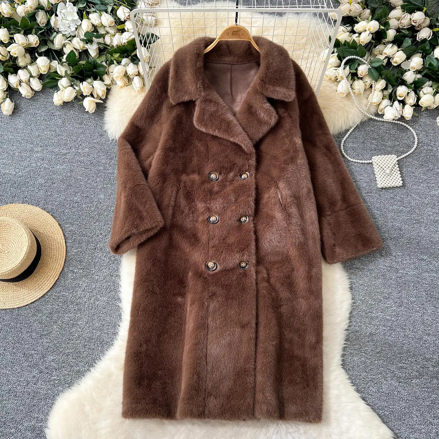 Korean Fashion 2024 Winter Solid Elegant Double-breasted Warm Imitation Mink Fur Coat Women Office Lady Thick Loose Long Jacket