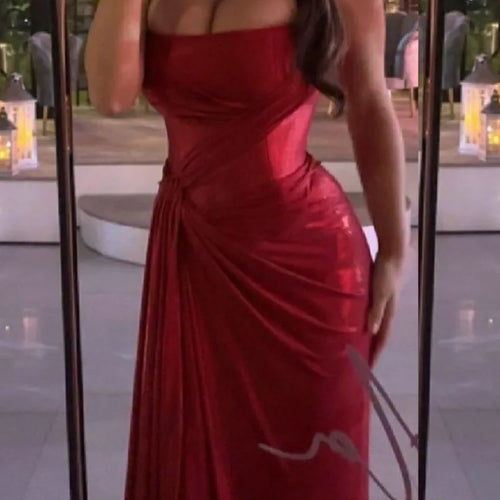 Load image into Gallery viewer, Off-shoulder Strapless Sexy Maxi Dress For Women Fashion Red Sleeveless Backless Thigh High Split Bodycon Club Dress
