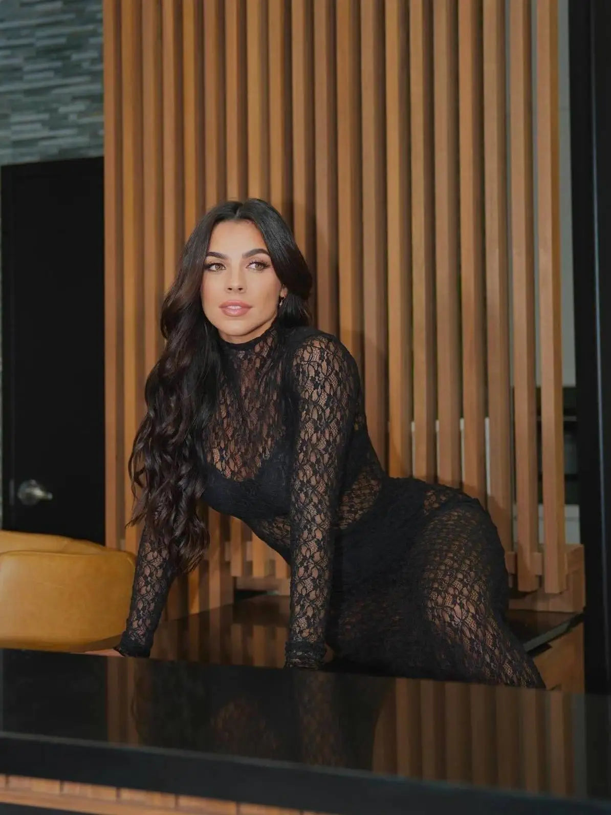 Sexy Transparent Lace Long Sleeved Semi High Neck Bodysuit Long Pants Tight Two-piece Set Women's Party Nightclub Set