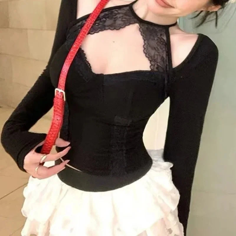 y2k Crop Top Women Fairycore Clothing Lace Patchwork Round Neck Long Sleeve Halter Neck T Shirt 2000s Aesthetic Clothes