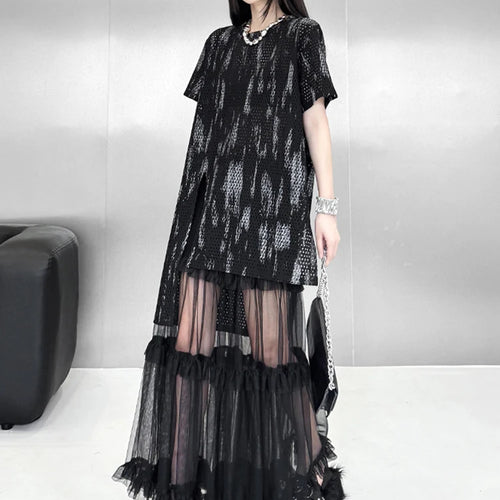 Load image into Gallery viewer, Women Black Grid Irregular Hem Big Size T-shirt New Round Neck Short Sleeve Fashion Tide Spring Summer 2025 1DJ1643
