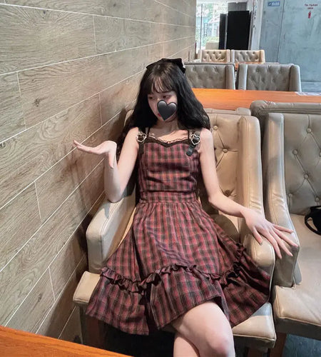 Plaid Dress Sets Women Outfits Black Lace Up Long Sleeve Cardigan Teen Girls Ruffles Sweet High Waist Sleeveless Dresse