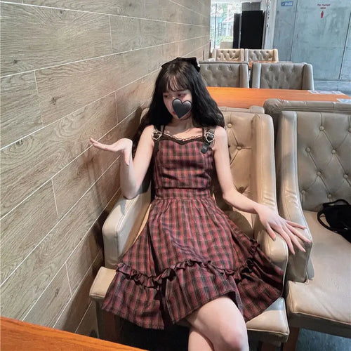 Load image into Gallery viewer, Plaid Dress Sets Women Outfits Black Lace Up Long Sleeve Cardigan Teen Girls Ruffles Sweet High Waist Sleeveless Dresse
