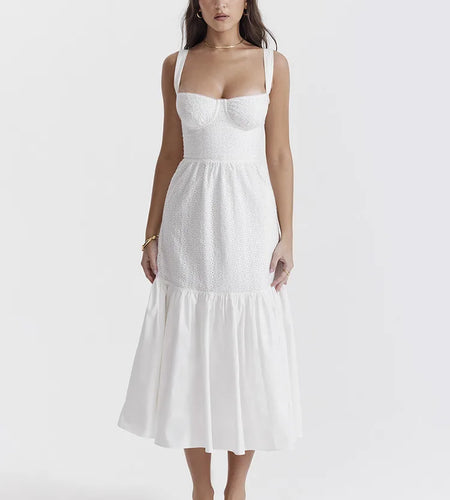 Elegant White Spaghetti Strap Midi Dress For Women Fashion Strapless Sleeveless Backless A-line Club Party Dress