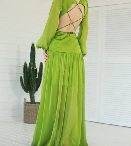 Casual Green Dress For Women V Neck Long Sleeve Cut Out High Waist Patchwork Folds Loose Floor Length Dresses Female Spring