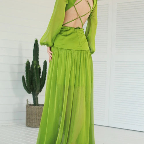 Load image into Gallery viewer, Casual Green Dress For Women V Neck Long Sleeve Cut Out High Waist Patchwork Folds Loose Floor Length Dresses Female Spring
