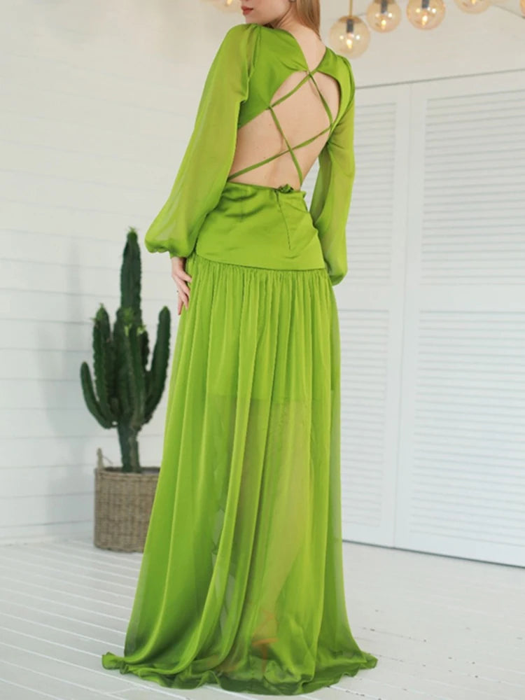 Casual Green Dress For Women V Neck Long Sleeve Cut Out High Waist Patchwork Folds Loose Floor Length Dresses Female Spring