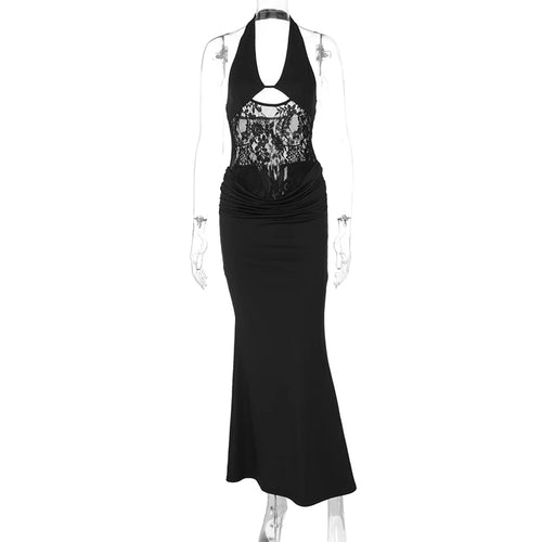 Load image into Gallery viewer, Sheer Lace Hollow Out Sexy Maxi Dress For Women Gown Halter Deep V Neck Sleeveless Backless Bodycon Long Dress

