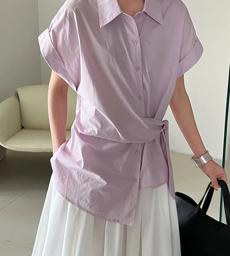 Women Purple Pleated Bandage Elegant Big Size Blouse New Lapel Short Sleeve Shirt Fashion Tide Spring Summer 2025 1DJ1362