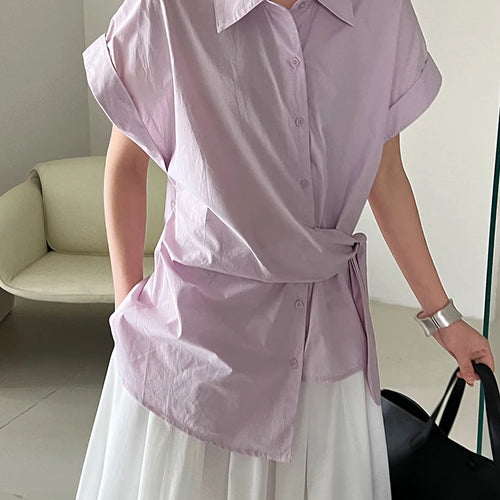 Load image into Gallery viewer, Women Purple Pleated Bandage Elegant Big Size Blouse New Lapel Short Sleeve Shirt Fashion Tide Spring Summer 2025 1DJ1362
