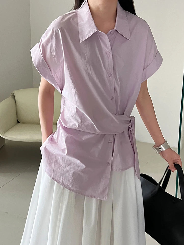 Women Purple Pleated Bandage Elegant Big Size Blouse New Lapel Short Sleeve Shirt Fashion Tide Spring Summer 2025 1DJ1362
