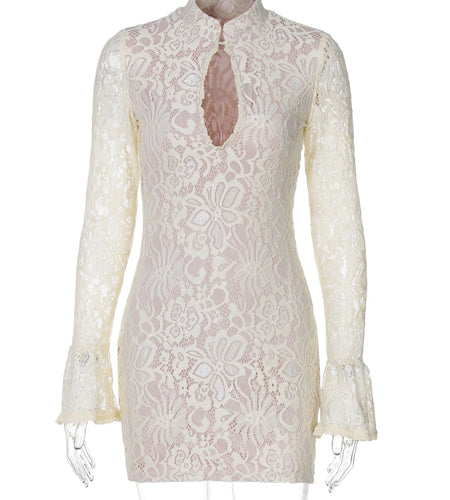 Turtleneck Long Flare Sleeve Patchwork Lace Hole Button Sexy Mini Dress Spring Women Fashion Clothes Club Festival