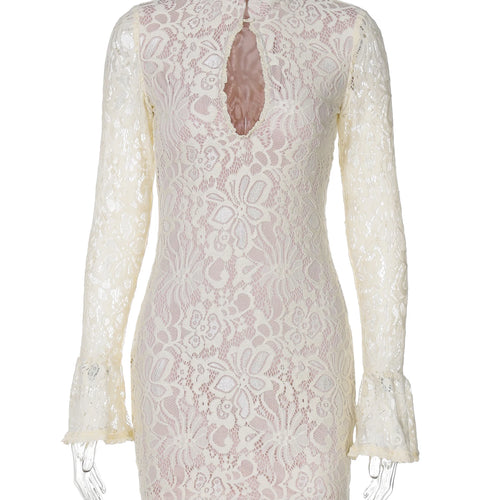 Load image into Gallery viewer, Turtleneck Long Flare Sleeve Patchwork Lace Hole Button Sexy Mini Dress Spring Women Fashion Clothes Club Festival
