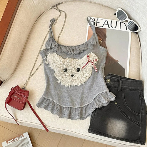 Load image into Gallery viewer, French Fashion Women Puppy Patchwork Lace Sleeveless Short Slip Top Summer Round Neck Backless Versatile Spaghetti Strap Tops
