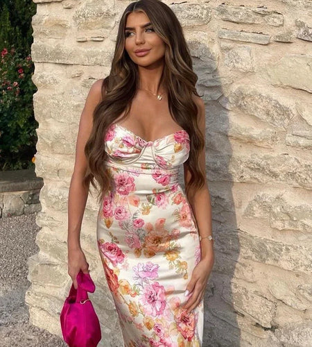 Summer Spaghetti Strap Floral Print Party Dresses Elegant Maxi Bodycon Wedding Guest Holiday Dress New In Dress 2023