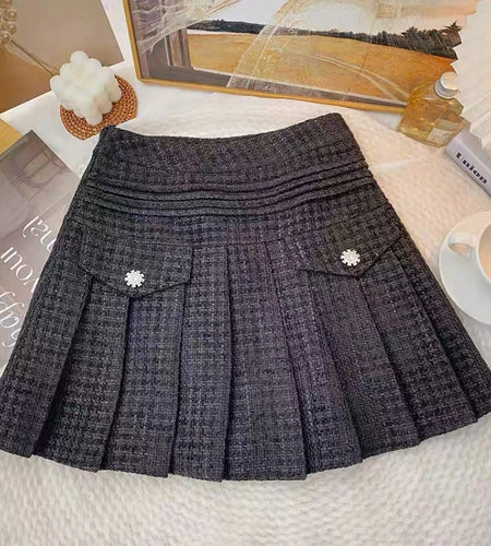 Solid Sexy Club Tweed Pleated Short Skirts For Women High Waist Slim Skirts Autumn Winter 2023 Wool Mini Skirt Korean Versatile