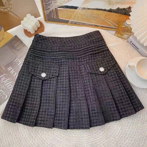 Load image into Gallery viewer, Solid Sexy Club Tweed Pleated Short Skirts For Women High Waist Slim Skirts Autumn Winter 2023 Wool Mini Skirt Korean Versatile

