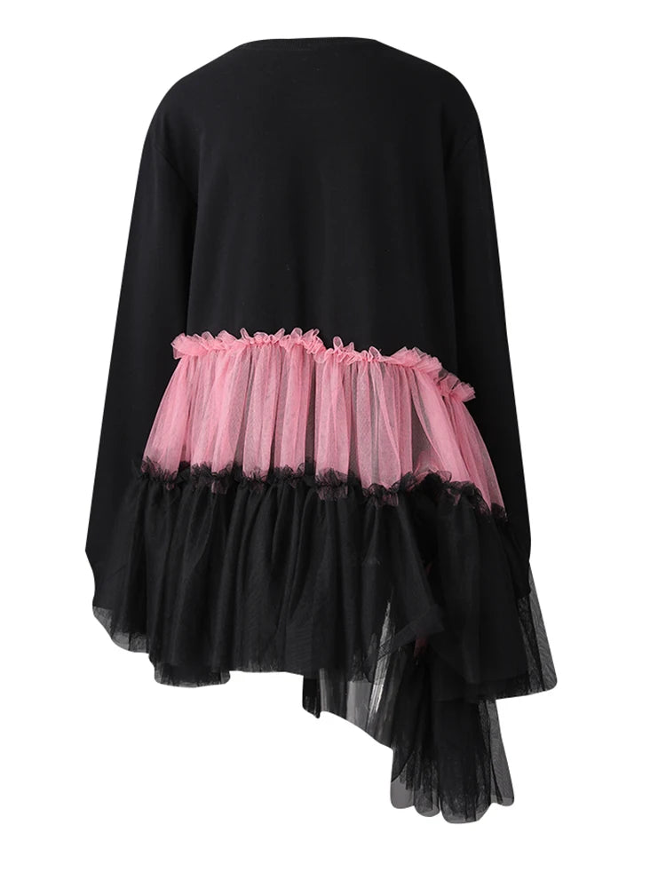 Women Balck Mesh Ruffles Irregular Big Size Mini Dress New Round Neck Long Sleeve Fashion Tide Spring Autumn 2025 CPG3045